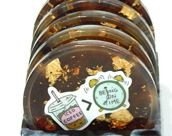 Round Coffee Color with Gold Leaf Coaster Set, Home Decor