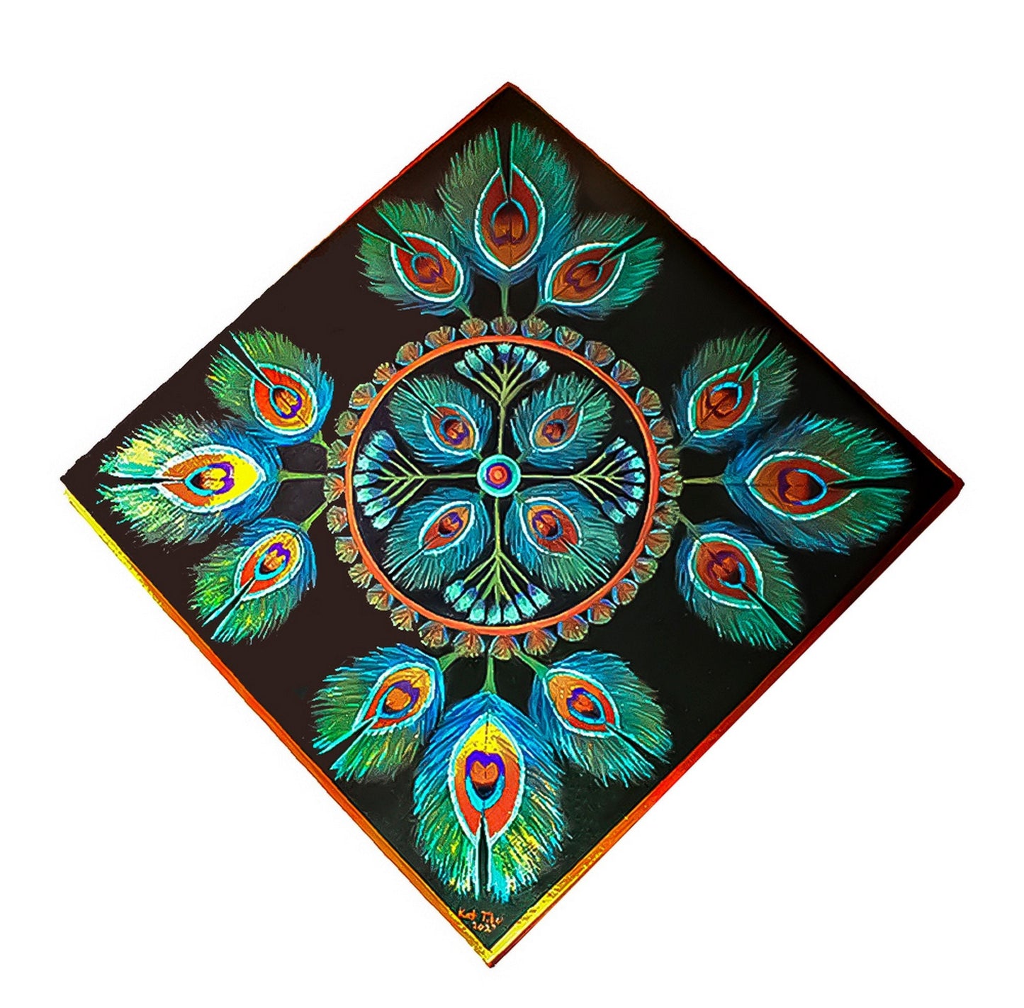 Peacock Feather Mandala Wall Hanging, Hand Painted, Metallic