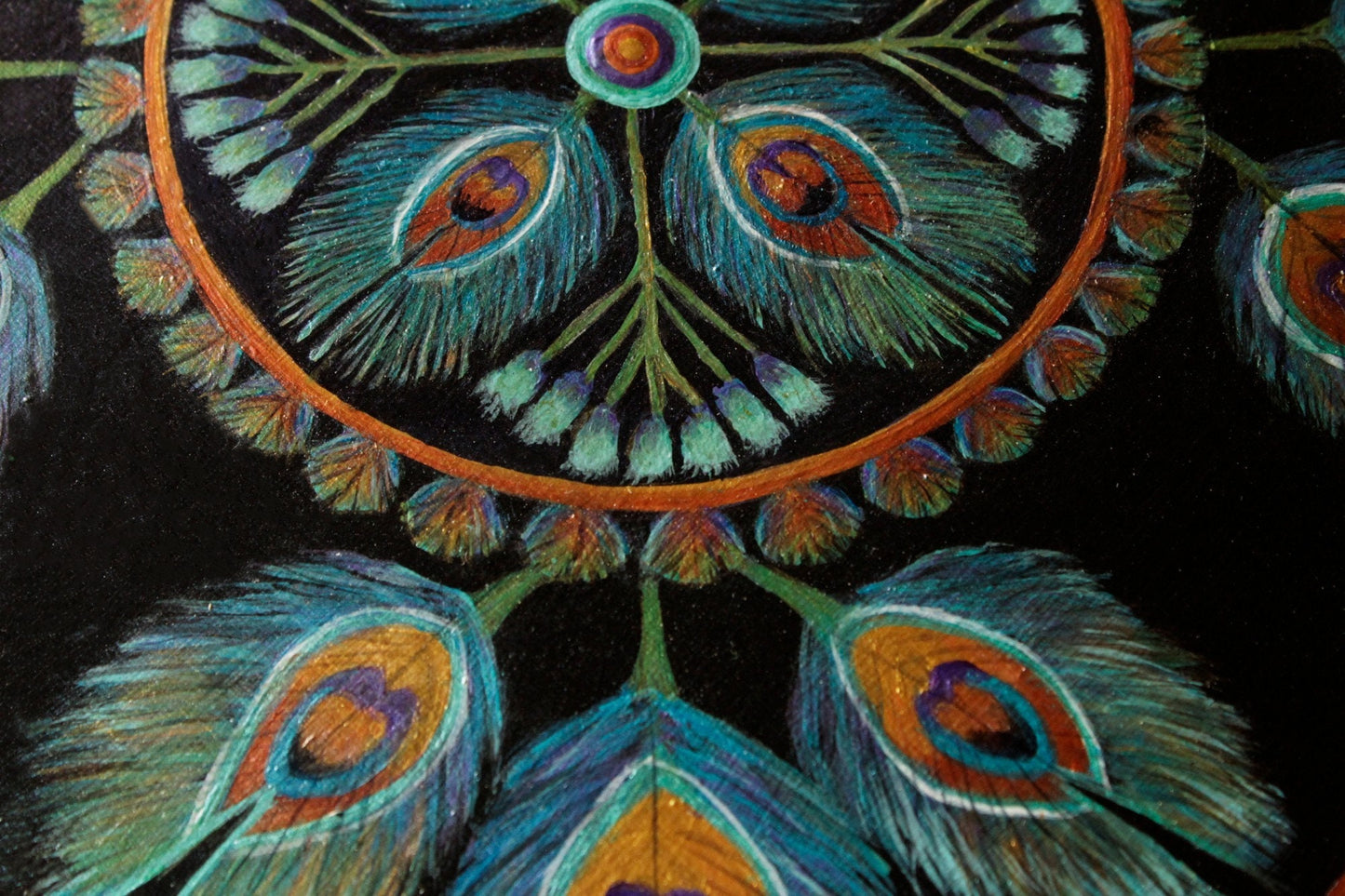 Peacock Feather Mandala Wall Hanging, Hand Painted, Metallic