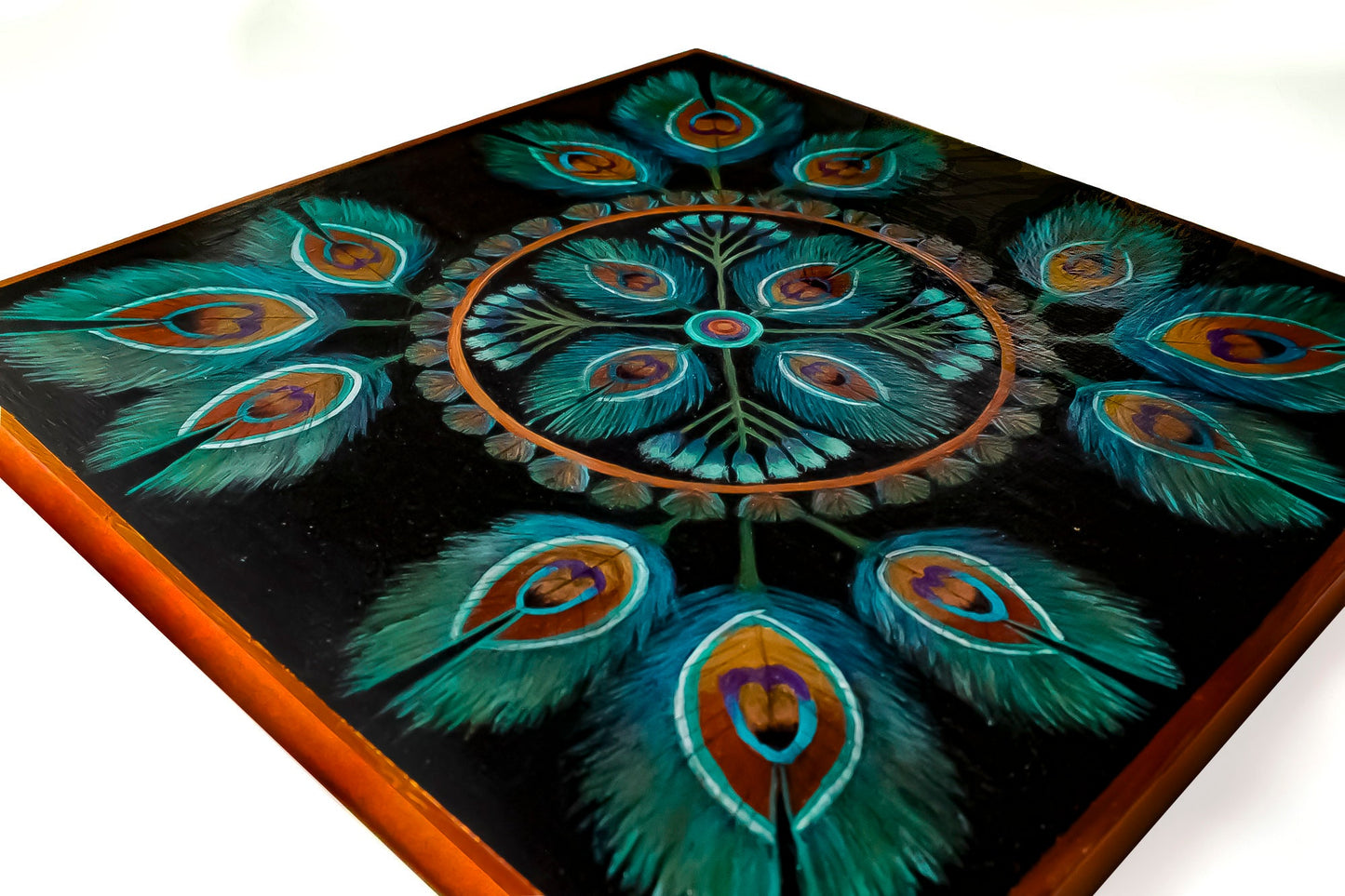 Peacock Feather Mandala Wall Hanging, Hand Painted, Metallic