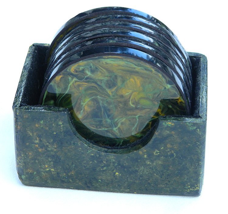 Shades of Green, Orange & Black Abstract Swirl Coaster Set