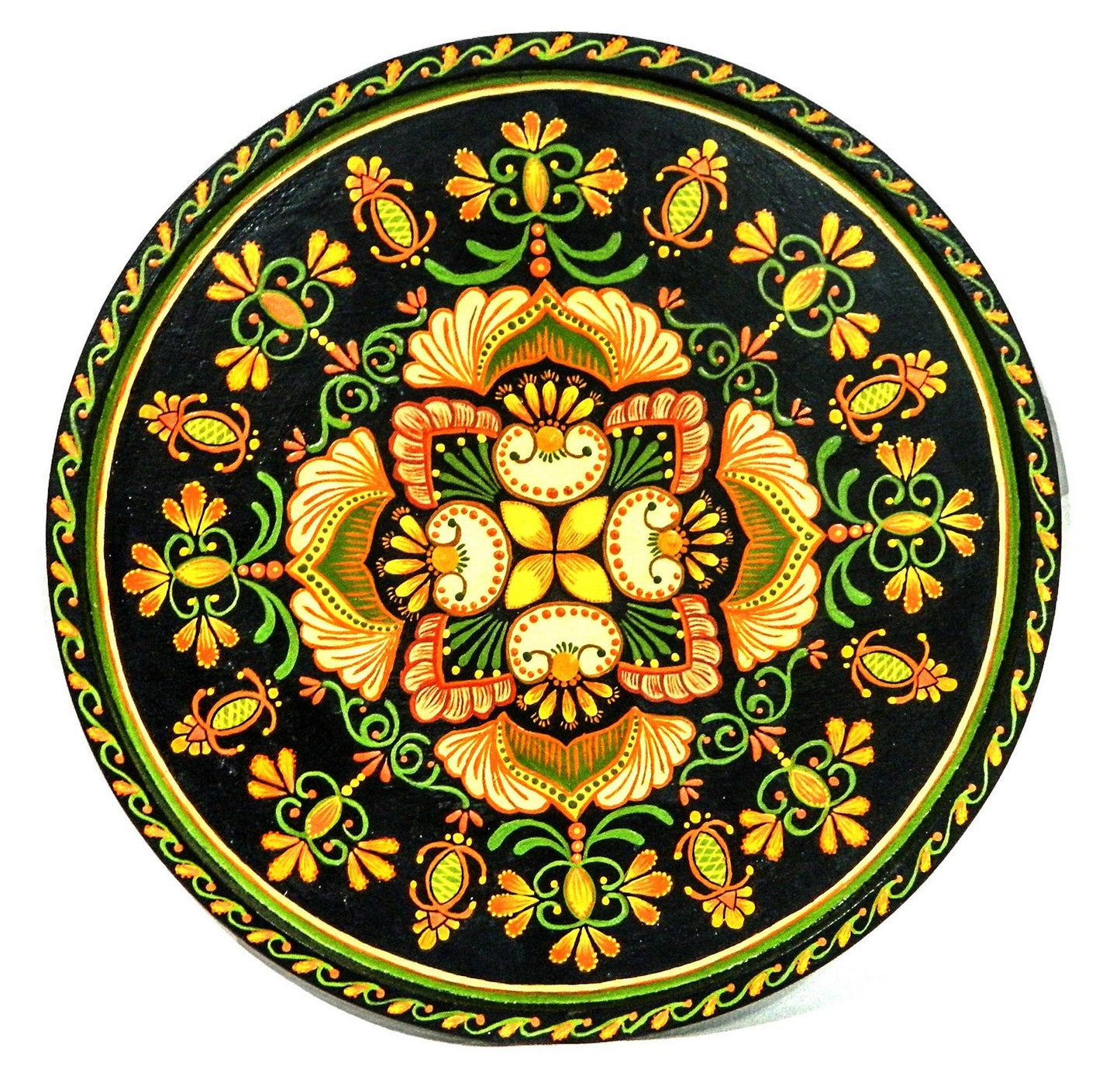 Hand Painted Mandala Wall Hanging in Golds, Oranges, Greens