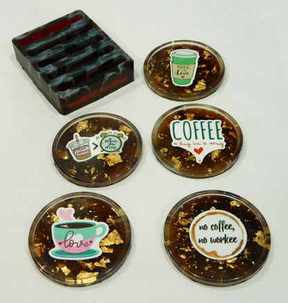 Round Coffee Color with Gold Leaf  Coaster Set, Home Decor